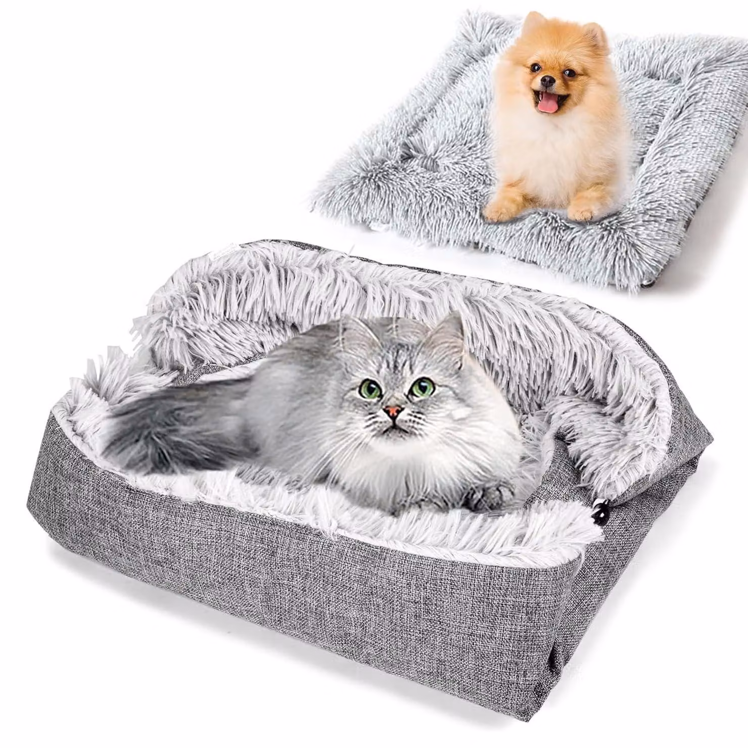 Cuccia per gatti 2 in 1, in peluche, lavabile, grigia, 60x52 cm