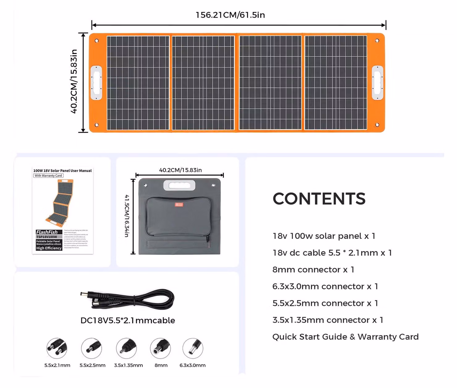 Pannello solare, design portatile, diverse opzioni di alimentazione, 18 V, 100 W