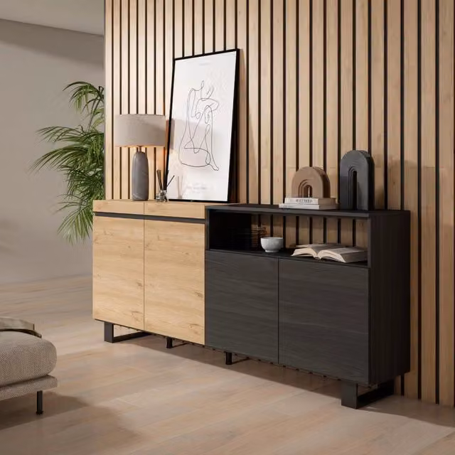 Credenza, Mobile, 200x35x87cm, 4 Porte, Design industriale, colore Rovere e nero RF2380