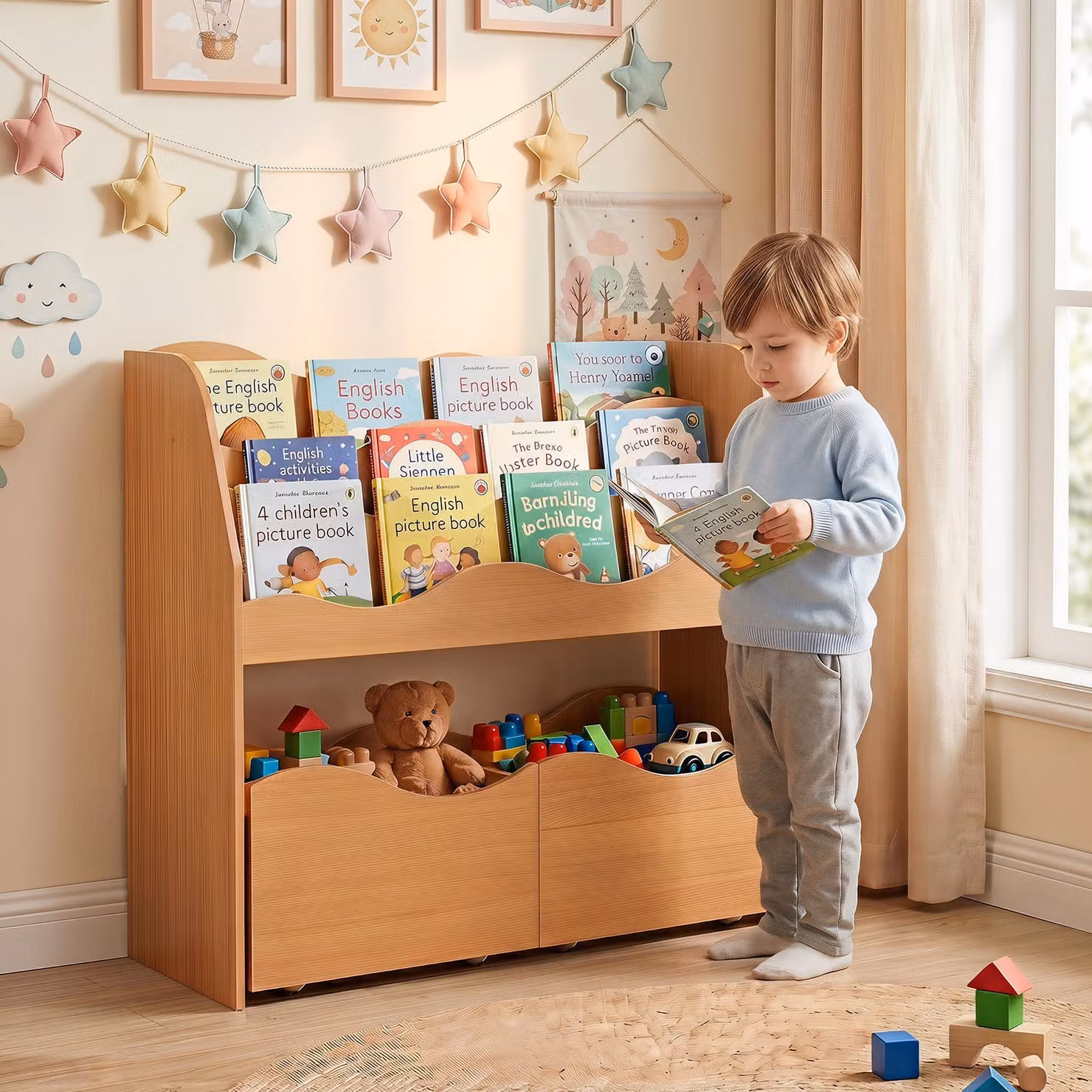 Costway Contenitore Portagiochi 2 in 1 in Legno con 3 Livelli, 2 Cassetti e Ruote, Libreria Montessori per Cameretta Bambini, Colore Naturale