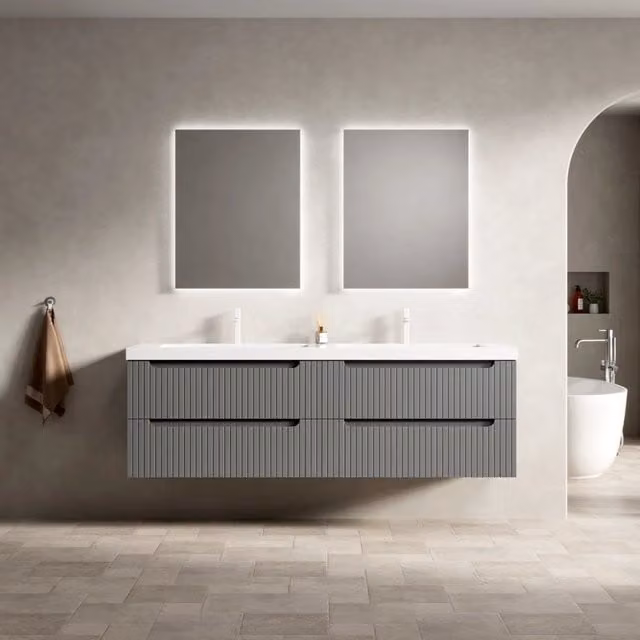 Mobile lavabo sospeso 160 cm con 2 lavabi integrati in pietra sintetica spessa, mobile in compensato striato con 4 cassetti, preassemblato, grigio scuro