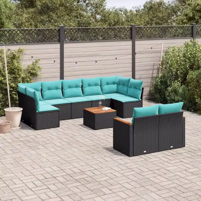 Set di Divani da Giardino a Forma di U con Cuscini vidaXL, Polyrattan Nero e Blu con Tavolino da Caffè e Struttura in Acciaio