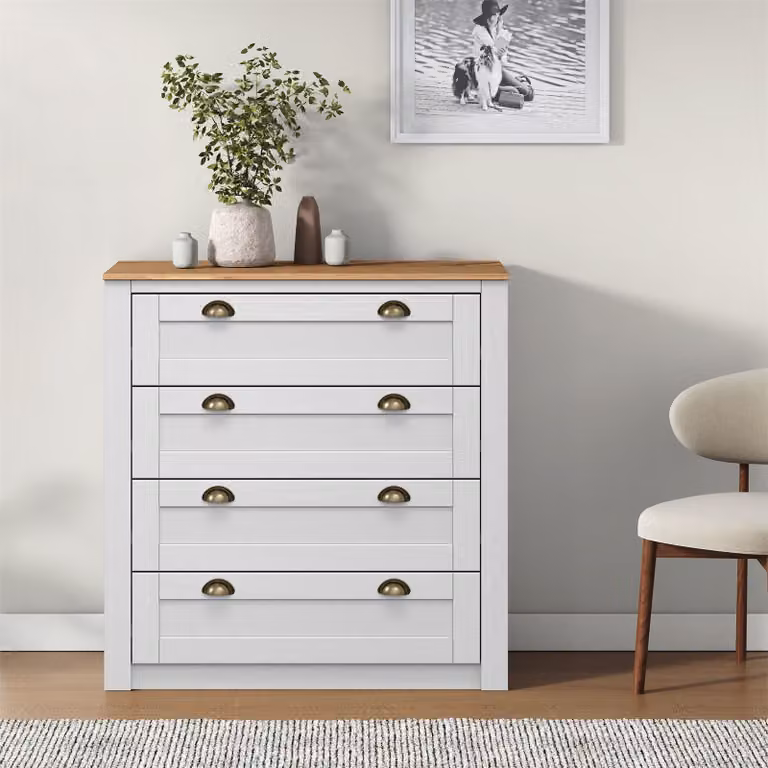 Comodà BOLTON in legno massello bianco/marrone, credenza con 4 cassetti e maniglie a conchiglia in metallo, credenza in pino, legno laccato
