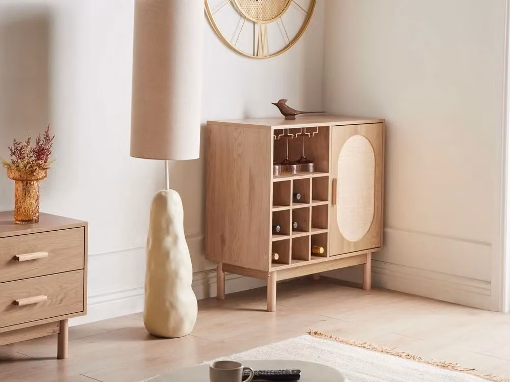 Credenza Beliani stile boho in truciolato e rattan marrone chiaro con gambe in legno di gomma per soggiorno L: 82 cm, H: 80 cm, P: 40 cm – 2