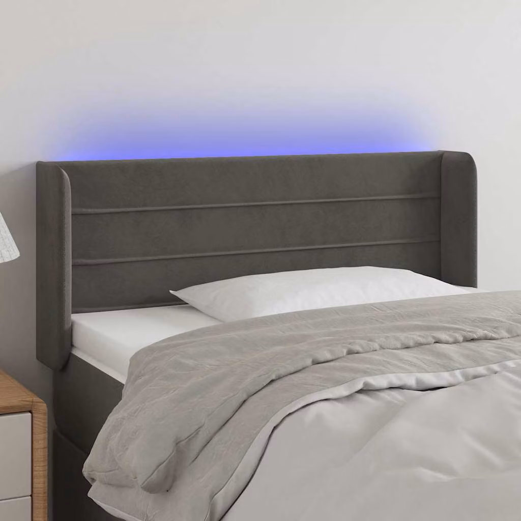 Testiera per letto con illuminazione LED e porta di ricarica USB vidaXL in velluto grigio, L: 83 cm, P: 16 cm, H: 78-88 cm