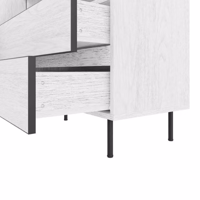 Credenza in stile minimalista con 2 ante, 2 cassetti soft close e ripiani a vista in MDF, colore bianco, L 140 cm x P 42 cm x H 77 cm