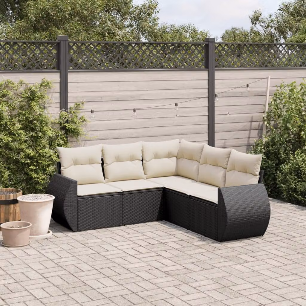 vidaXL Set Divani da Giardino a L 5 pz con Cuscini in Polyrattan e Struttura in Acciaio Nero e Bianco – 1