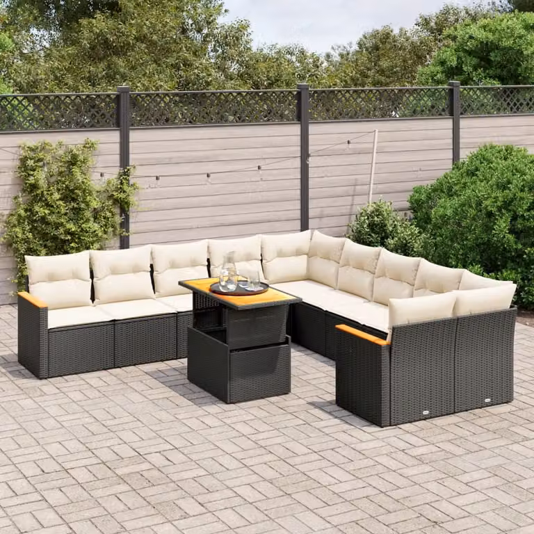 vidaXL Set Divani da Giardino 11 pz in Polyrattan Nero con Cuscini e Tavolino da Esterno