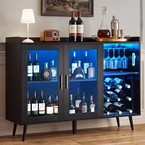VEVOR Mobile da Bar Moderno Nero con Illuminazione LED Dimmerabile e Ripiani Portabottiglie per Soggiorno e Cucina, L/P/H: 120 x 40 x 90 cm
