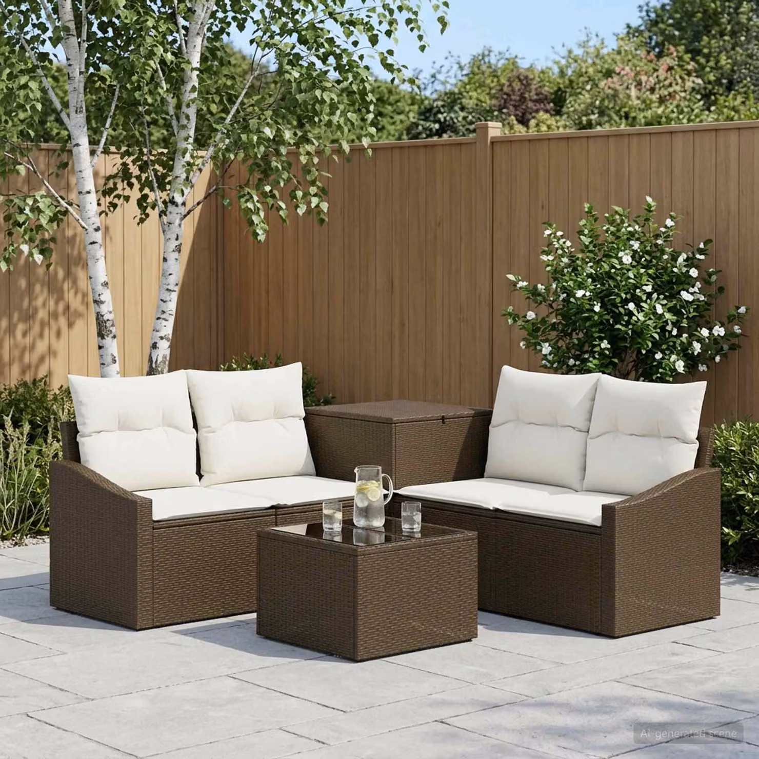 Set di divani da giardino vidaXL in polyrattan marrone e bianco crema con tavolo da caffè e pouf coordinato