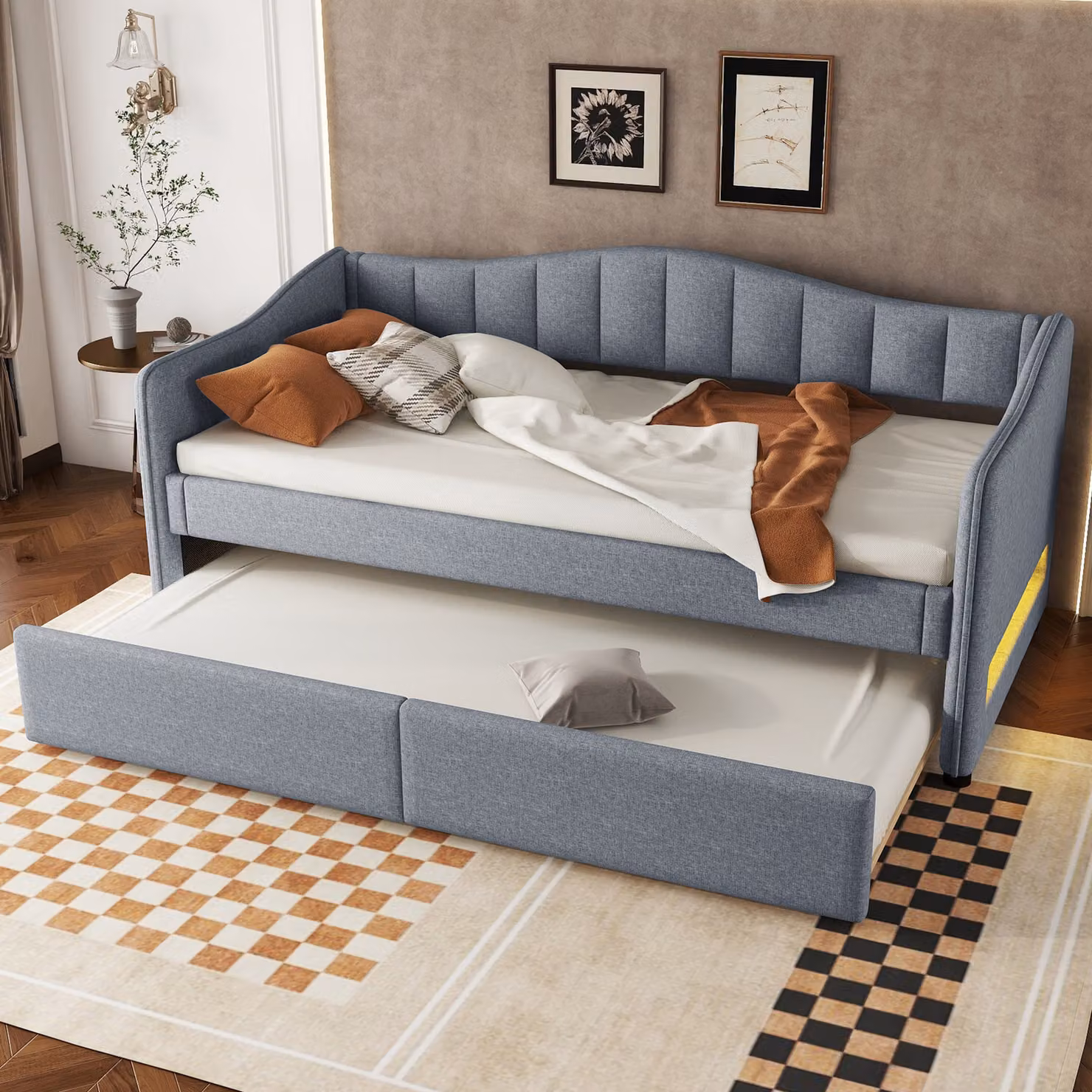 MODFU Letto pieghevole Letto da giorno 90x200 cm con letto estraibile 90x200 cm e rete, Daybed Letto per bambini Letto giovanile con luce d'atmosfera, Grigio (senza materasso)