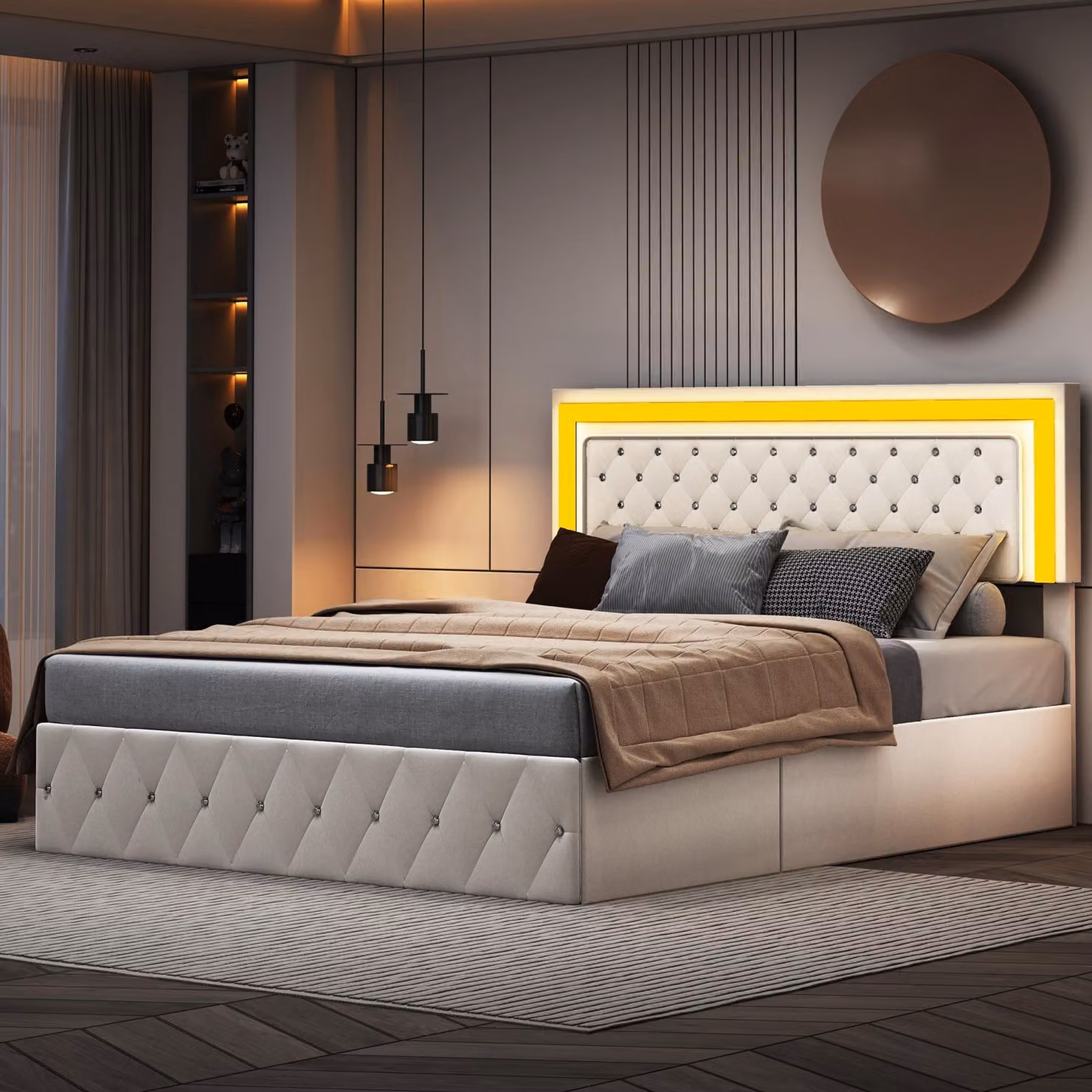 letto in velluto 140 x 200 cm con contenitore, illuminazione a LED, rete a doghe e testiera regolabile - Beige