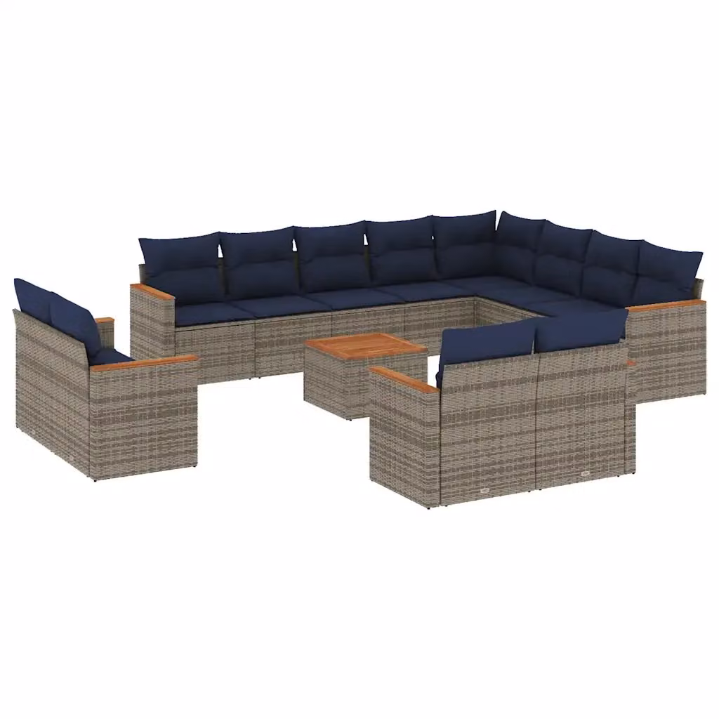 Set di Divani da Giardino a L vidaXL con Cuscini e Tavolino, Polyrattan e Legno di Acacia, Grigio e Blu – 2