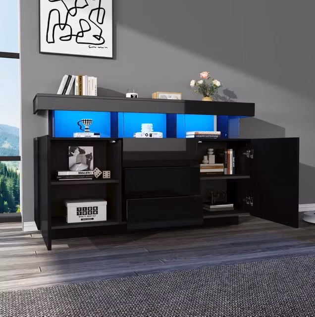 Sideboard 140x35x80 cm con LED; 3 cassetti e 2 ante in truciolare e acrilico nero