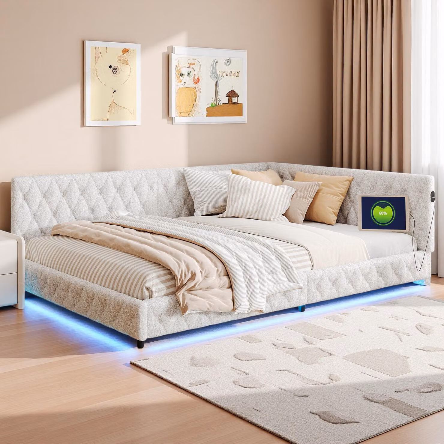 Letto imbottito INONEFT, divano letto 140x200 cm, con prese USB e di tipo C, letto per ragazzi 140x200 cm con striscia LED integrata, rivestito in tessuto tipo "teddy", colore beige