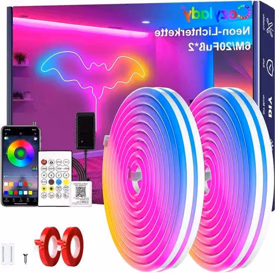 Striscia LED neon RGB da 12 m con doppio nastro adesivo - Cavo luminoso LED da 24 V con app/telecomando per camera da letto e soggiorno