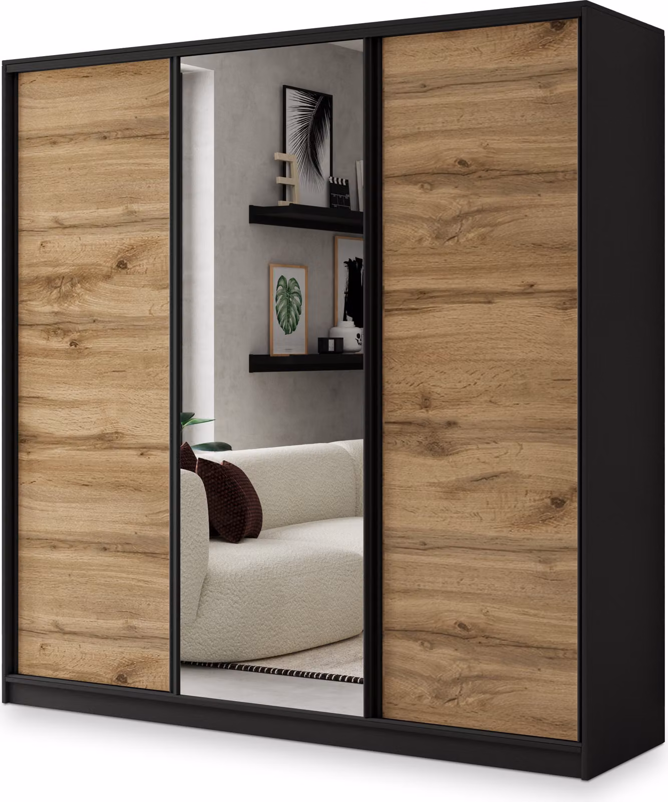 Armadio scorrevole Masseno SORE 200/205/58 cm Armadio con 4 cassetti Armadio per camera da letto a 3 ante con specchio Nero / Rovere Wotan