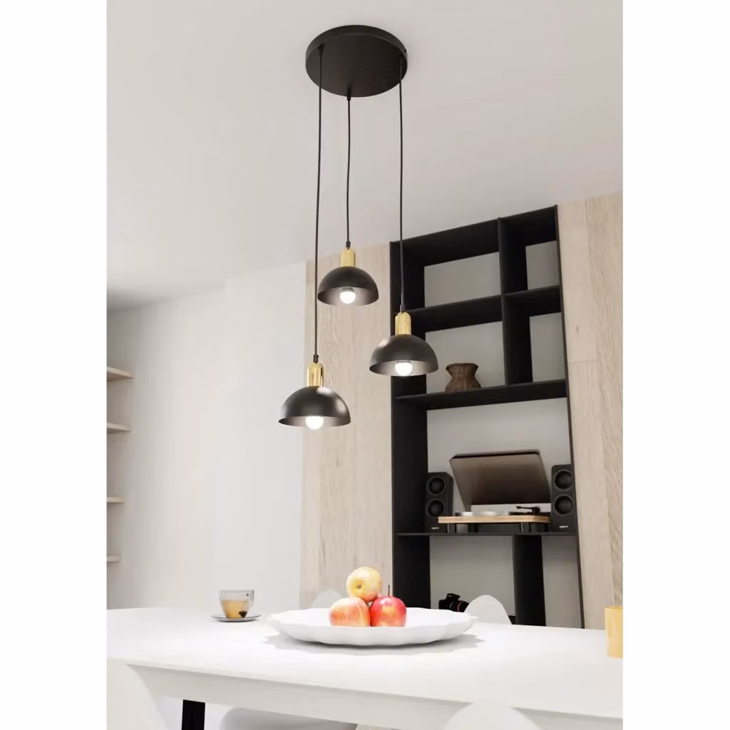 Lampadario a sospensione Luceart-Classic Badb con 3 luci, base tonda in acciaio nero e oro con diffusori a cupola – 2