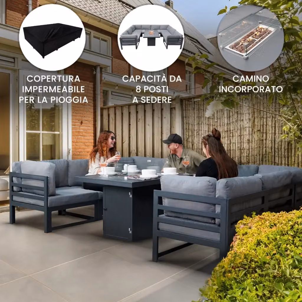 Set da salotto componibile per esterni MONSTER SHOP in alluminio grigio con divano a L, tavolo da caffè e cuscini inclusi – 2