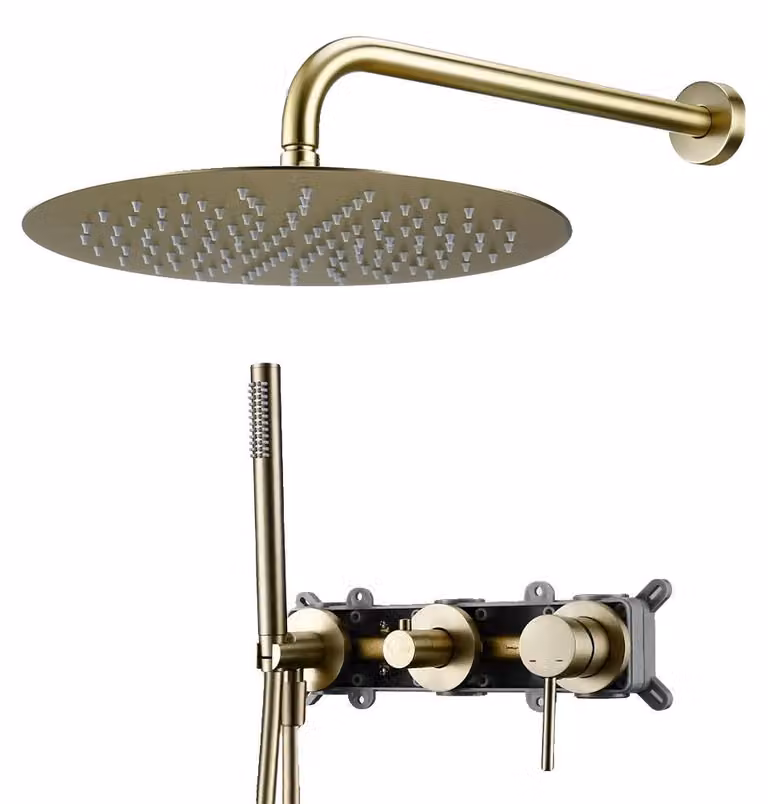 Sistema doccia, sistema doccia a due funzioni, struttura in ottone, finitura oro spazzolato, 10 pollici