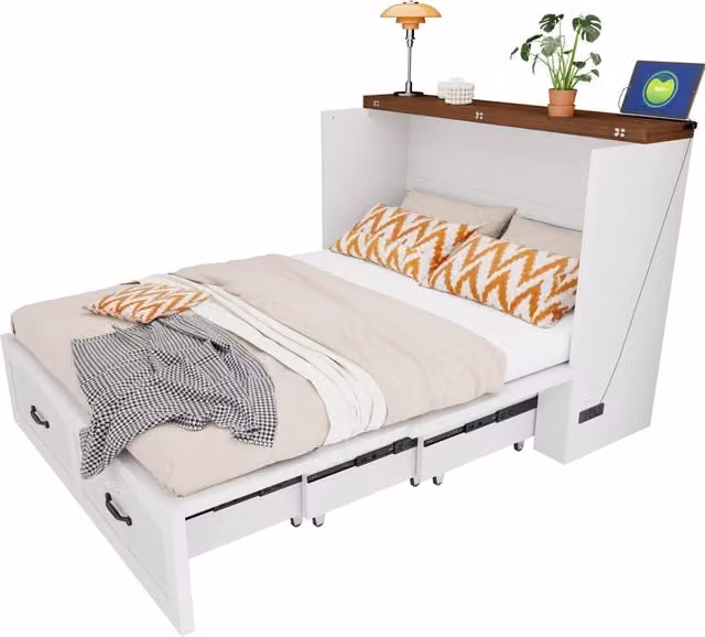 Letto a scomparsa 140x200 cm estraibile con presa europea; metallo e legno; bianco