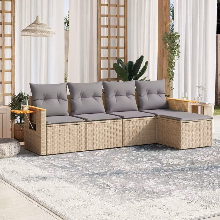 vidaXL Set Divano da Giardino 5 pz in Polyrattan con Cuscini Beige e Struttura in Legno di Acacia