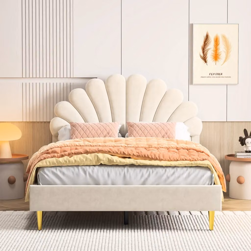 Letto Matrimoniale Imbottito con Rete a Doghe e Testiera a Petalo, Beige, L: 140 cm, P: 200 cm – 2