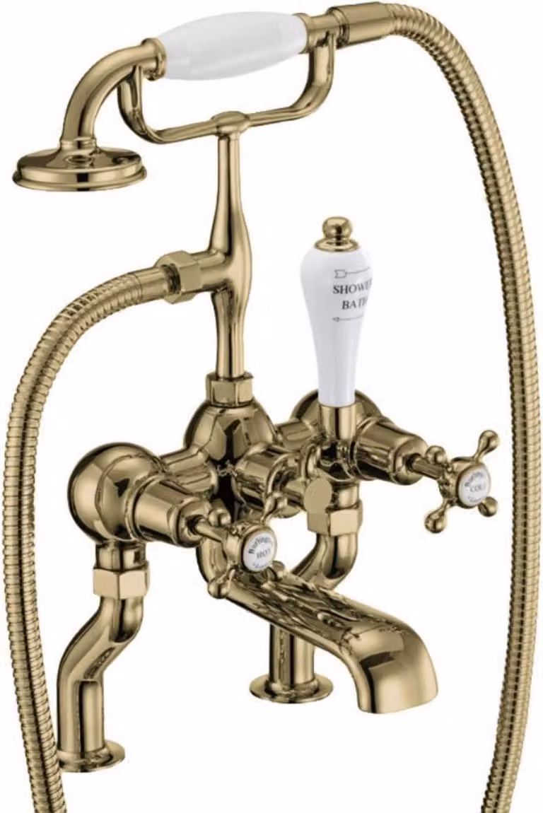 Casa Padrino rubinetto per vasca liberty oro/bianco H. 50,3 cm - Rubinetto nostalgico per vasca in ottone con doccetta - Accessori bagno nostalgici