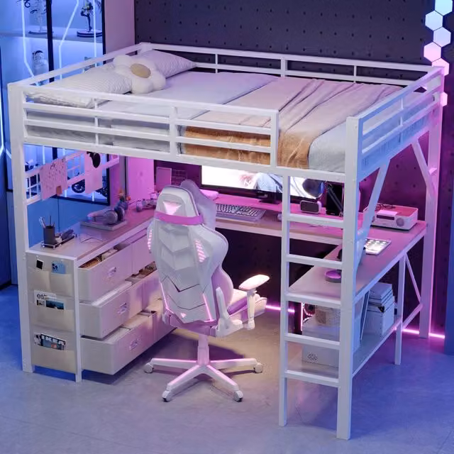 Letto a soppalco per gaming ¨C Minimal ¨C bianco metallo con cassetti scrivania led 140x200cm