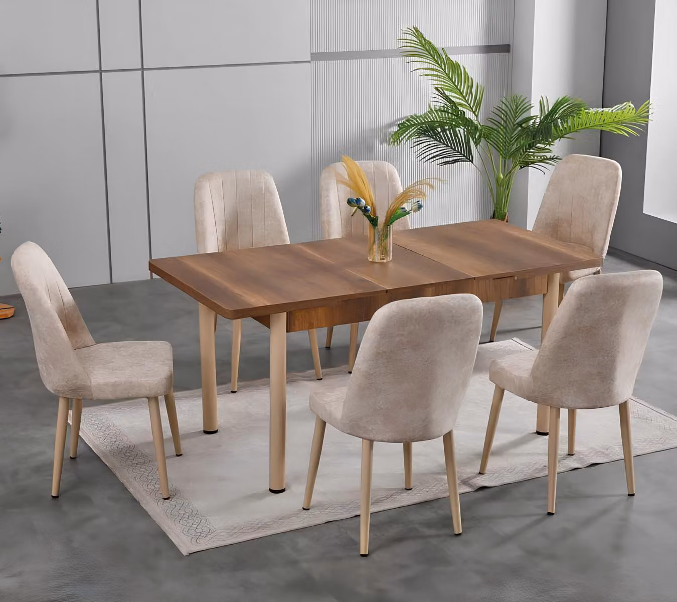 Tavoli da pranzo, set da pranzo, sedie, colore marrone, colore beige, forma rettangolare, stile moderno