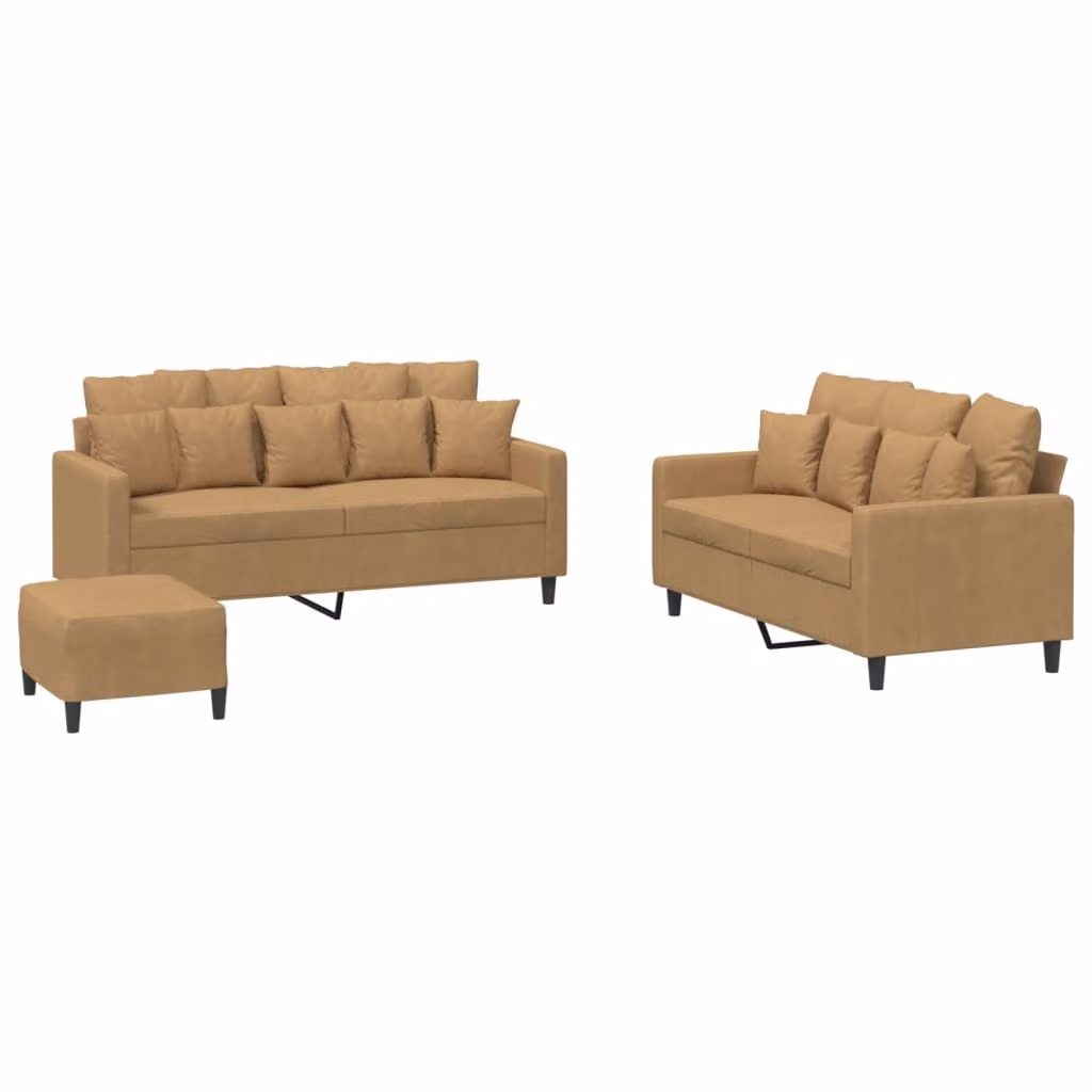 Set di Divani 3 pz con Cuscini Marrone in Velluto