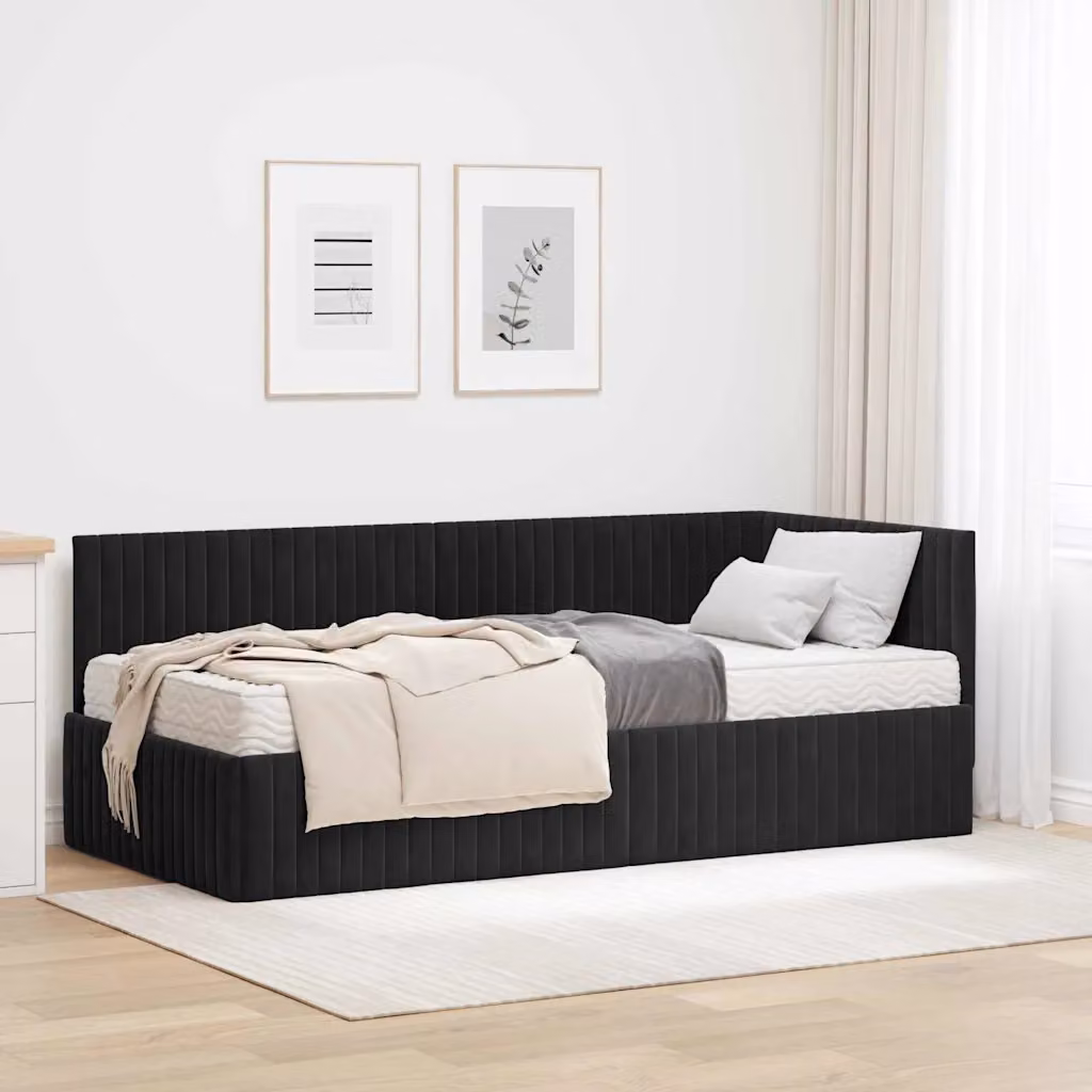 vidaXL Struttura Letto Angolare con Materasso in Velluto Nero L/P/H: 90 x 190 cm – 1