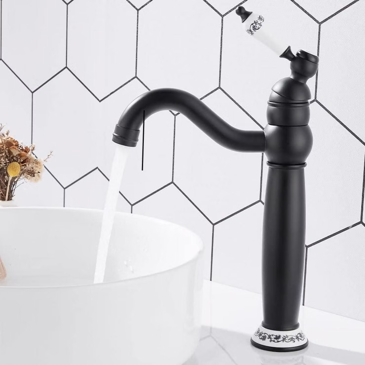 Miscelatore per lavabo da bagno, nero, con bocca girevole a 360° e maniglia in Vetroceramica