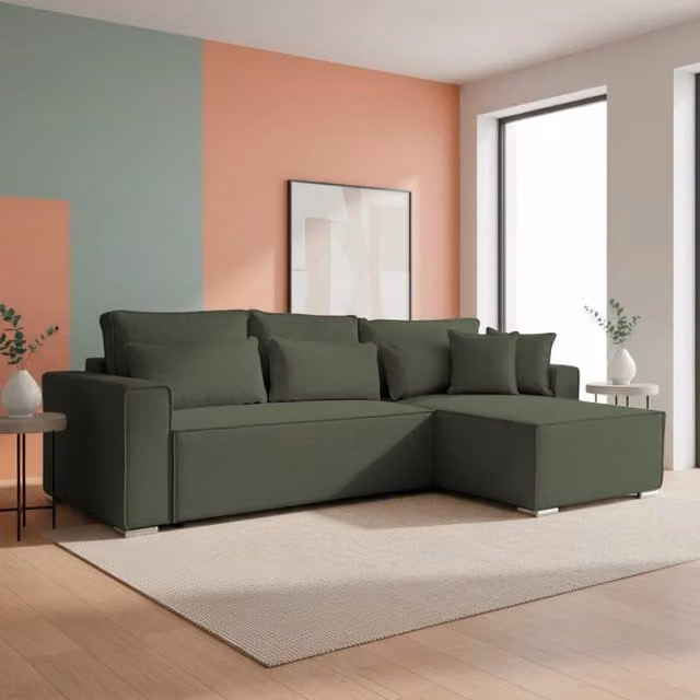 Divano Angolare Emily Verde con Letto Easy Open, Contenitore e Penisola Reversibile in Tessuto - L/P/H: 265 x 159 x 89 cm – 1