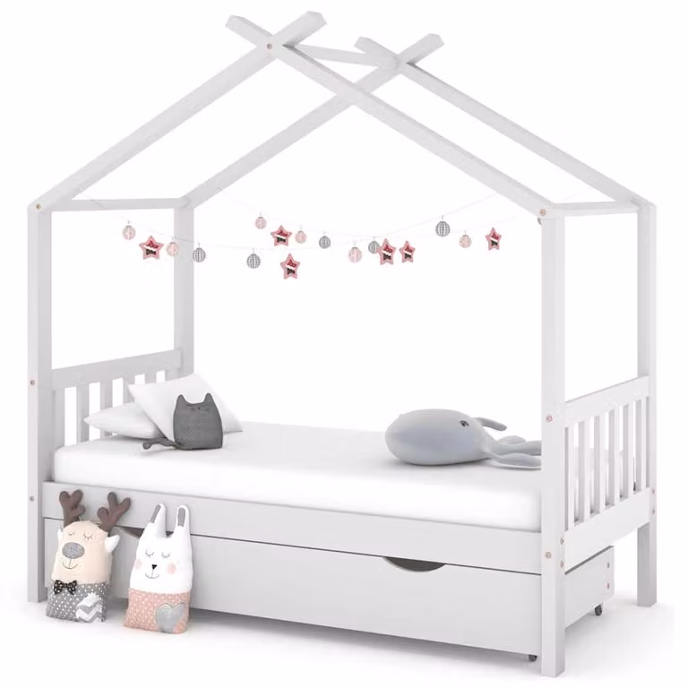 vidaXL Giroletto per Bambini in Legno di Pino con Cassetto Bianco L/P/H: 160 x 80 x 76 cm