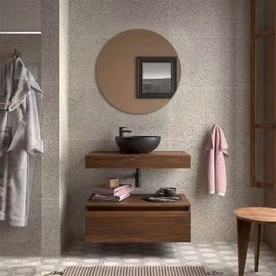 Composizione bagno Sumo con mensolone e cassettiera sospesa in noce maya, L: 80 cm, P: 46 cm, H: 27 cm