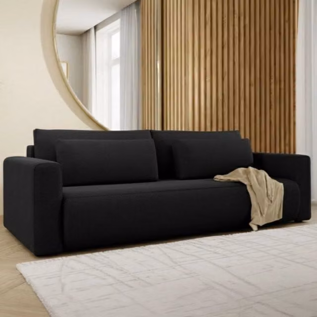 Divano Letto 2 Posti con Contenitore Erbezzo DMORA Nero, Sistema Click-Clack in Tessuto con Struttura in Legno Massello, L: 240 cm, P: 105 cm