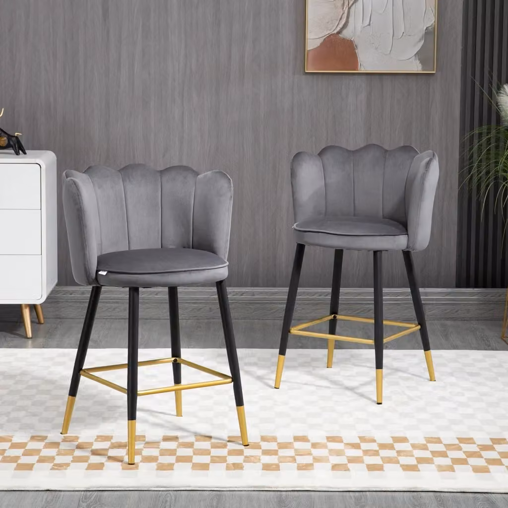 Set di 2 sgabelli moderni GIORDANOSHOP in tessuto vellutato grigio con dettagli oro, L: 59 cm, P: 52 cm, H: 90 cm – 2