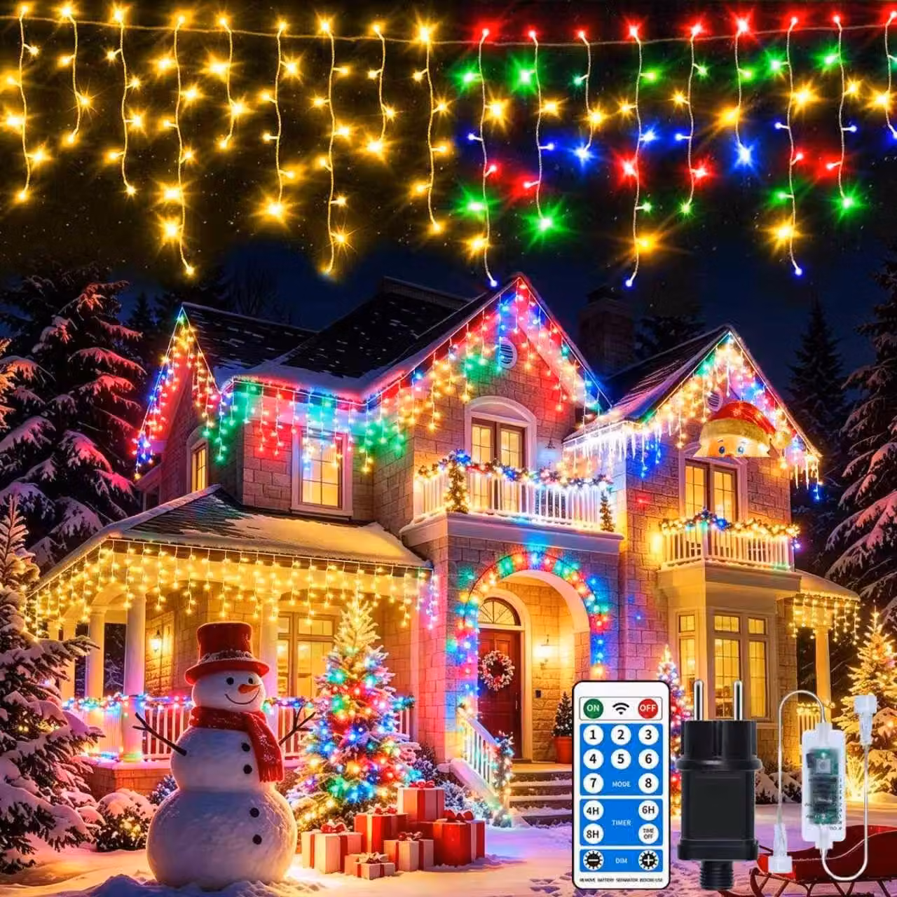 Catena luminosa "Eisregen" 3-in-1, 30 metri, 660 LED, luce bianca calda e colorata, grado di protezione IP65