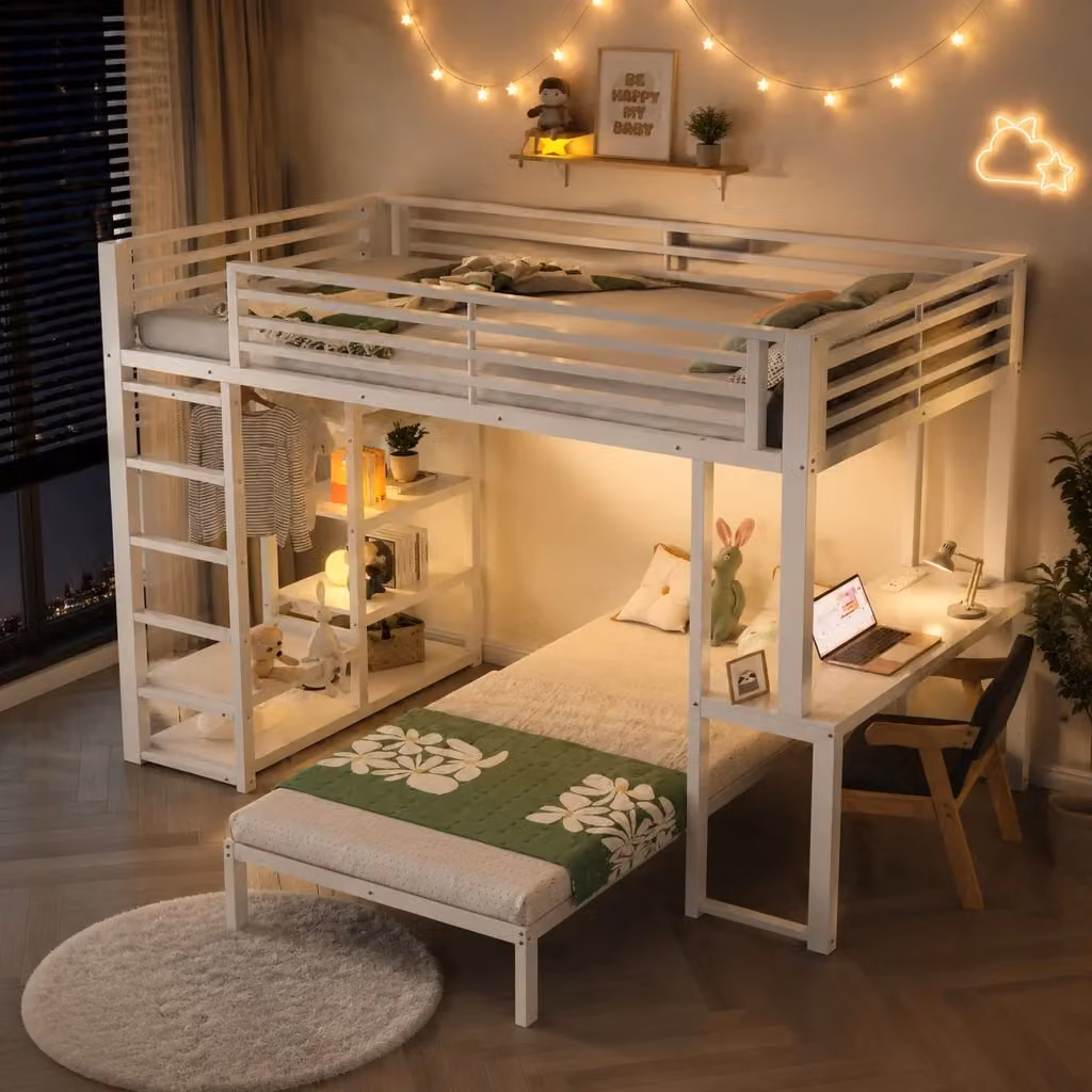 Letto a soppalco MIVRAY bianco con scrivania, ripiani, guardaroba e porta USB, L/P: 90 x 200 cm, H: 205 cm – 2
