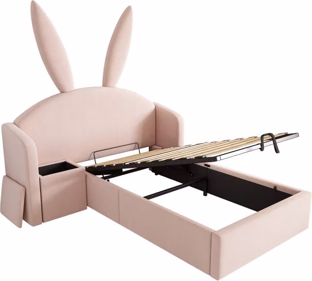 Letto contenitore per bambini con comodino e testiera imbottita in tessuto rosa, L/P: 90 x 190 cm