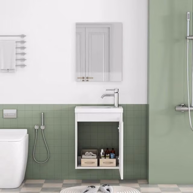 Mobile sottolavabo con lavabo in ceramica e specchio senza maniglie chiusura ammortizzata MDF bianco lucido 40 cm
