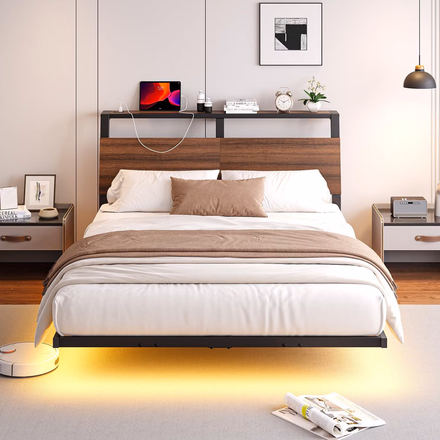 Letto sospeso 135x190 cm con illuminazione a LED e base di ricarica, in metallo