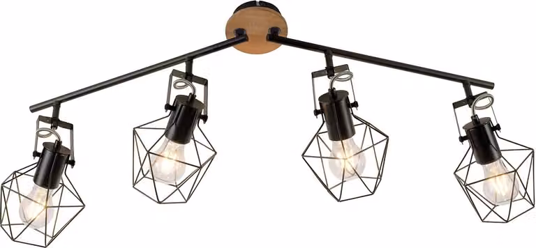 Plafoniera - Nero - Metallo - Legno - 4 luci - L 92,5 cm