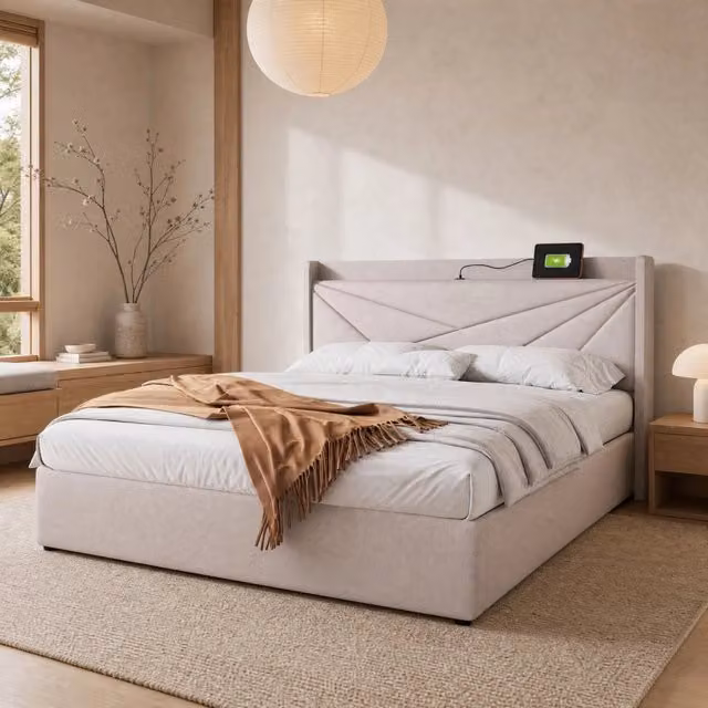 Letto matrimoniale contenitore REDOM beige con base a sollevamento, porta USB Type-C e struttura in tessuto, L/P/H: 180 x 200 x 107 cm