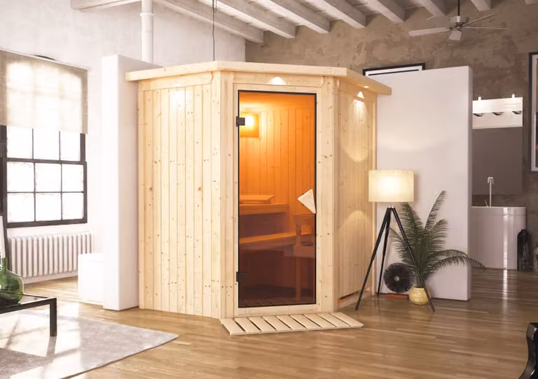 Karibu sauna Tonja sauna interna ad angolo riscaldatore 3,6 kW intgr. strg 184x165x202 cm con bordo tetto con porta bronzata