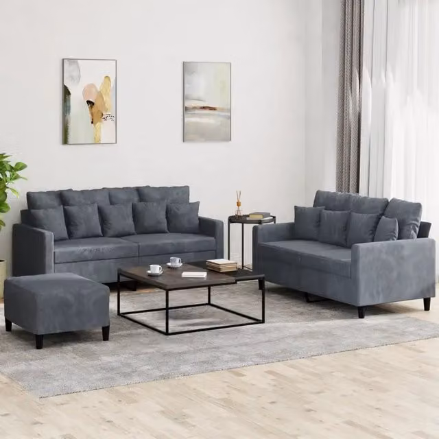 Set di divani 3 pezzi vidaXL in velluto grigio con cuscini per il tuo soggiorno moderno