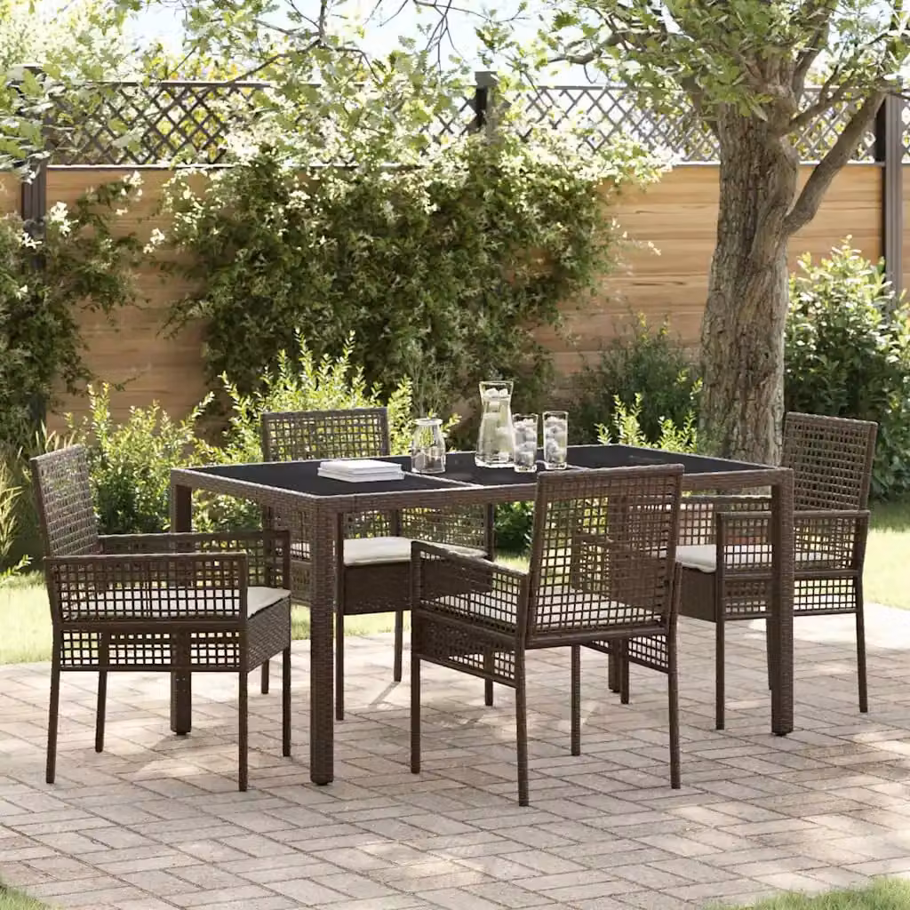 Set da pranzo per giardino e terrazzo vidaXL in polyrattan marrone con tavolo rettangolare in vetro e 5 sedie