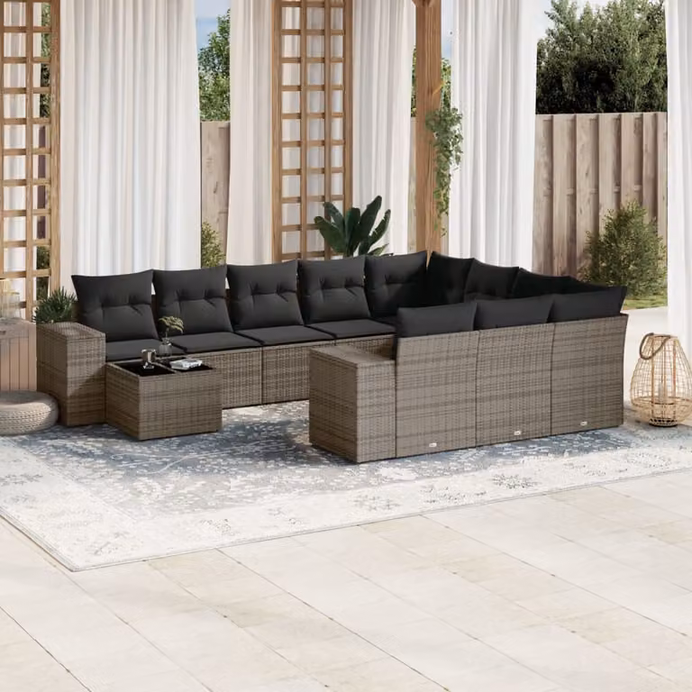 vidaXL Set Divani da Giardino 11 pz a Forma a L con Cuscini in Polyrattan e Tavolino, Grigio