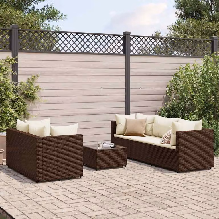 Set di mobili da giardino vidaXL 6 pezzi in rattan marrone con cuscini bianchi e tavolo da caffè in vetro